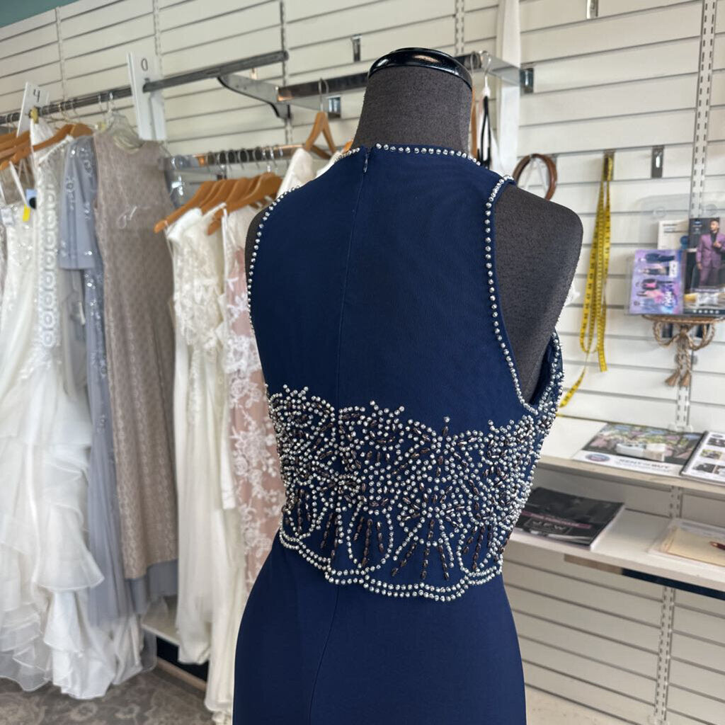 Cachet Navy Silver Beaded Top Long Formal 8