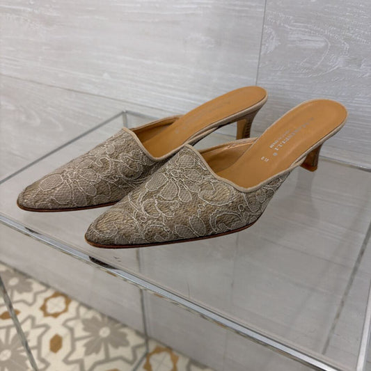 A Marinelli Beige Lace Point Toe Slide On Heels 8