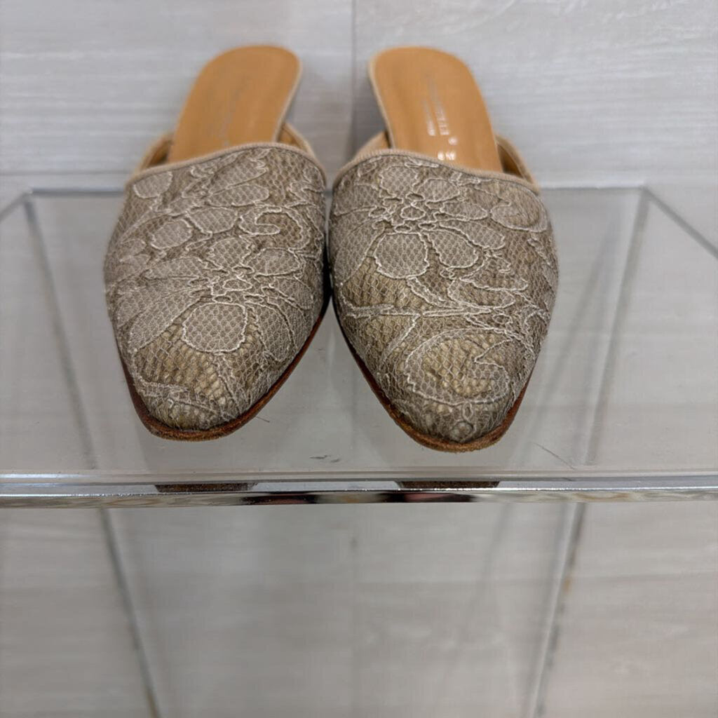 A Marinelli Beige Lace Point Toe Slide On Heels 8