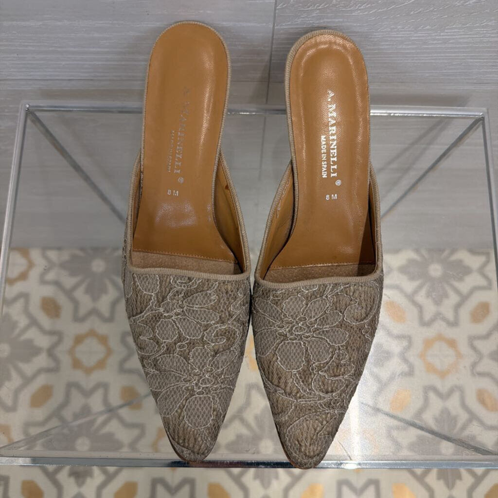 A Marinelli Beige Lace Point Toe Slide On Heels 8