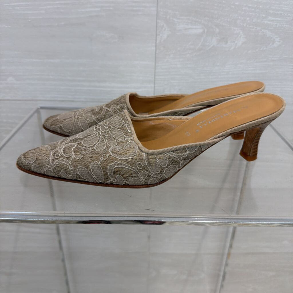 A Marinelli Beige Lace Point Toe Slide On Heels 8