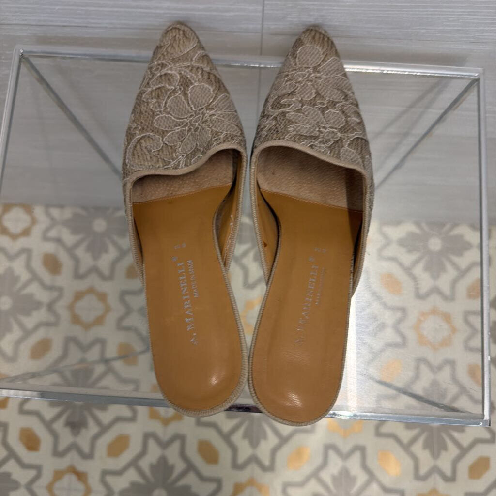 A Marinelli Beige Lace Point Toe Slide On Heels 8