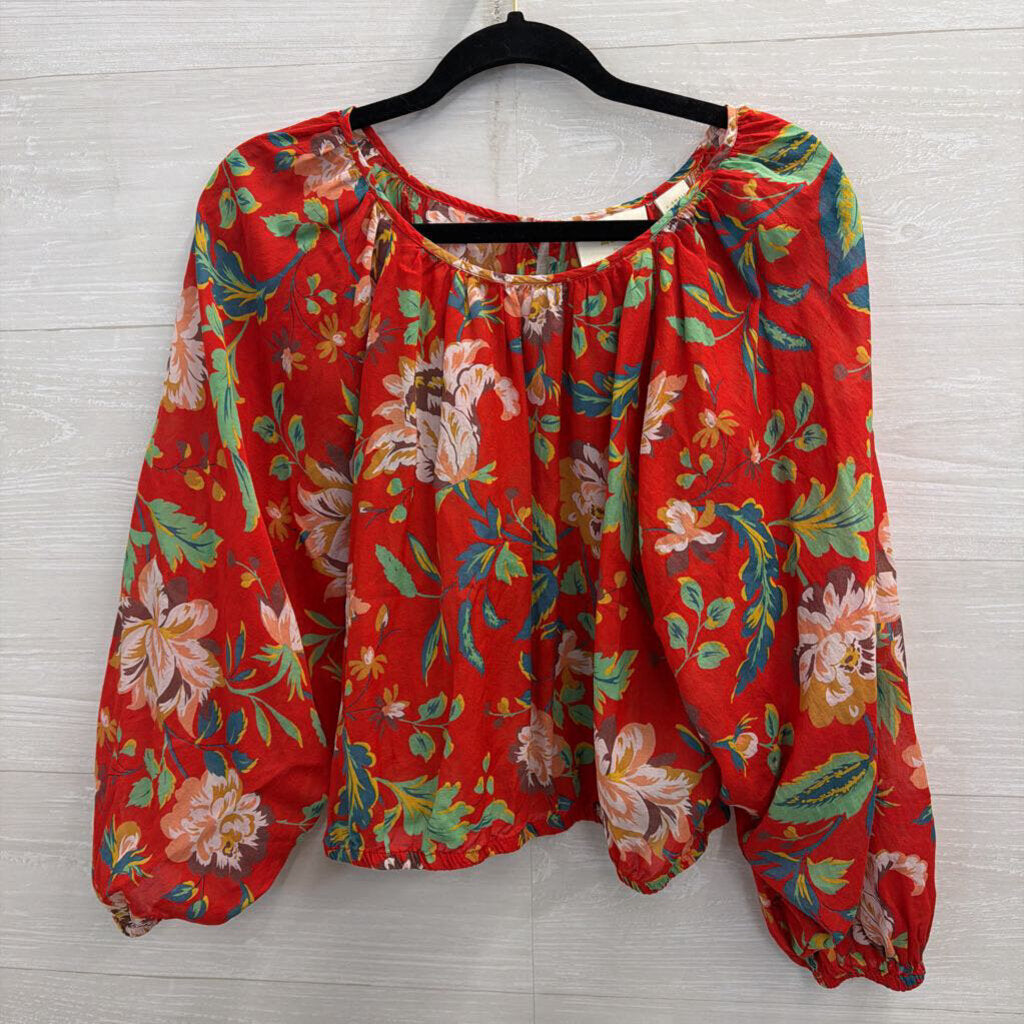Maeve Red/ Multi Print Cropped Long Sleeve Top Extra Small