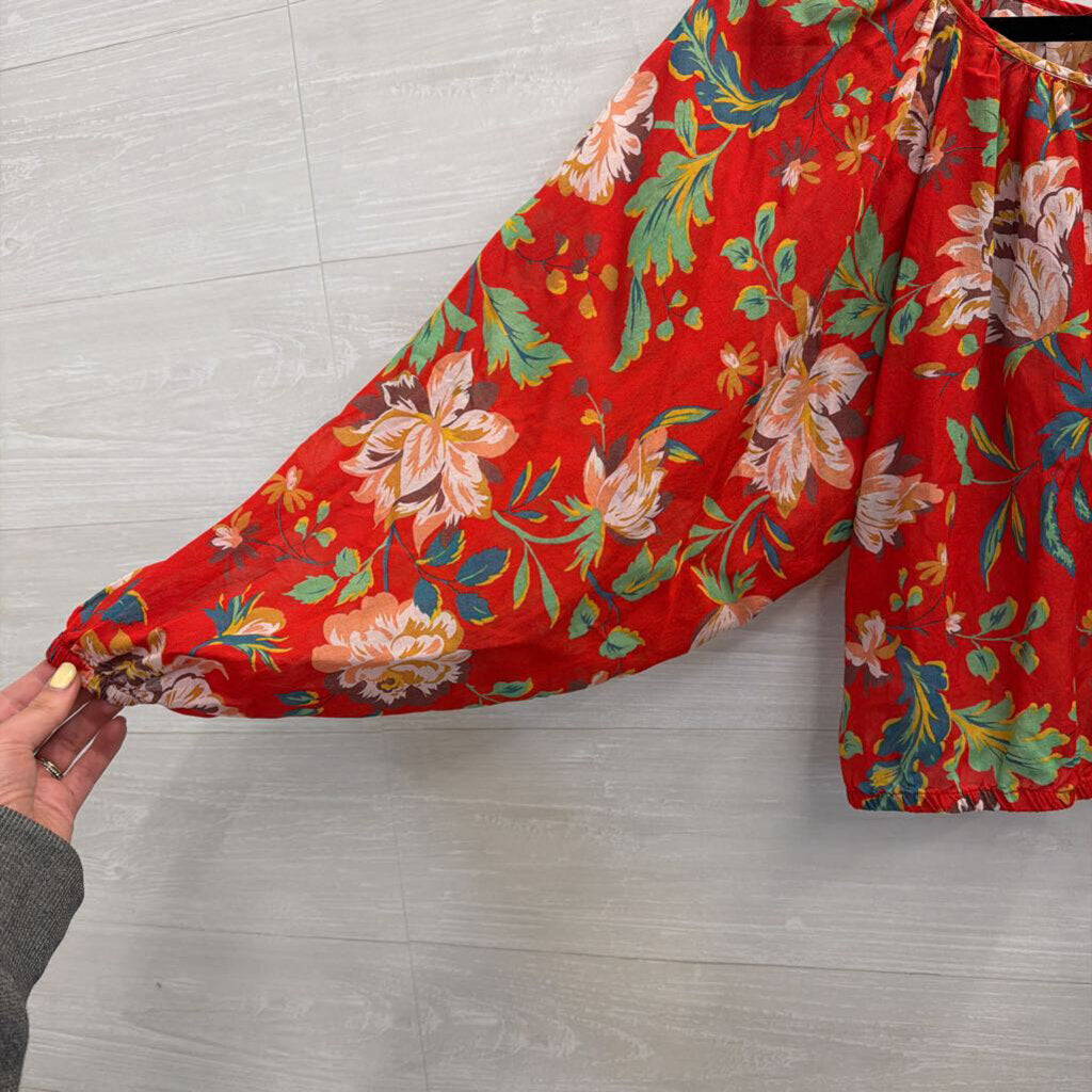 Maeve Red/ Multi Print Cropped Long Sleeve Top Extra Small