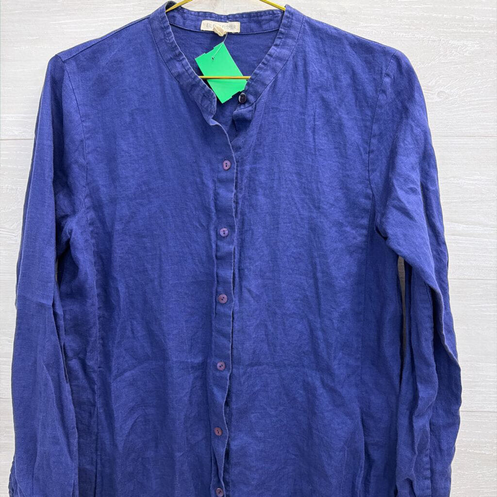 Eileen Fisher Blue 100% Linen Long Sleeve Button Front Top Small