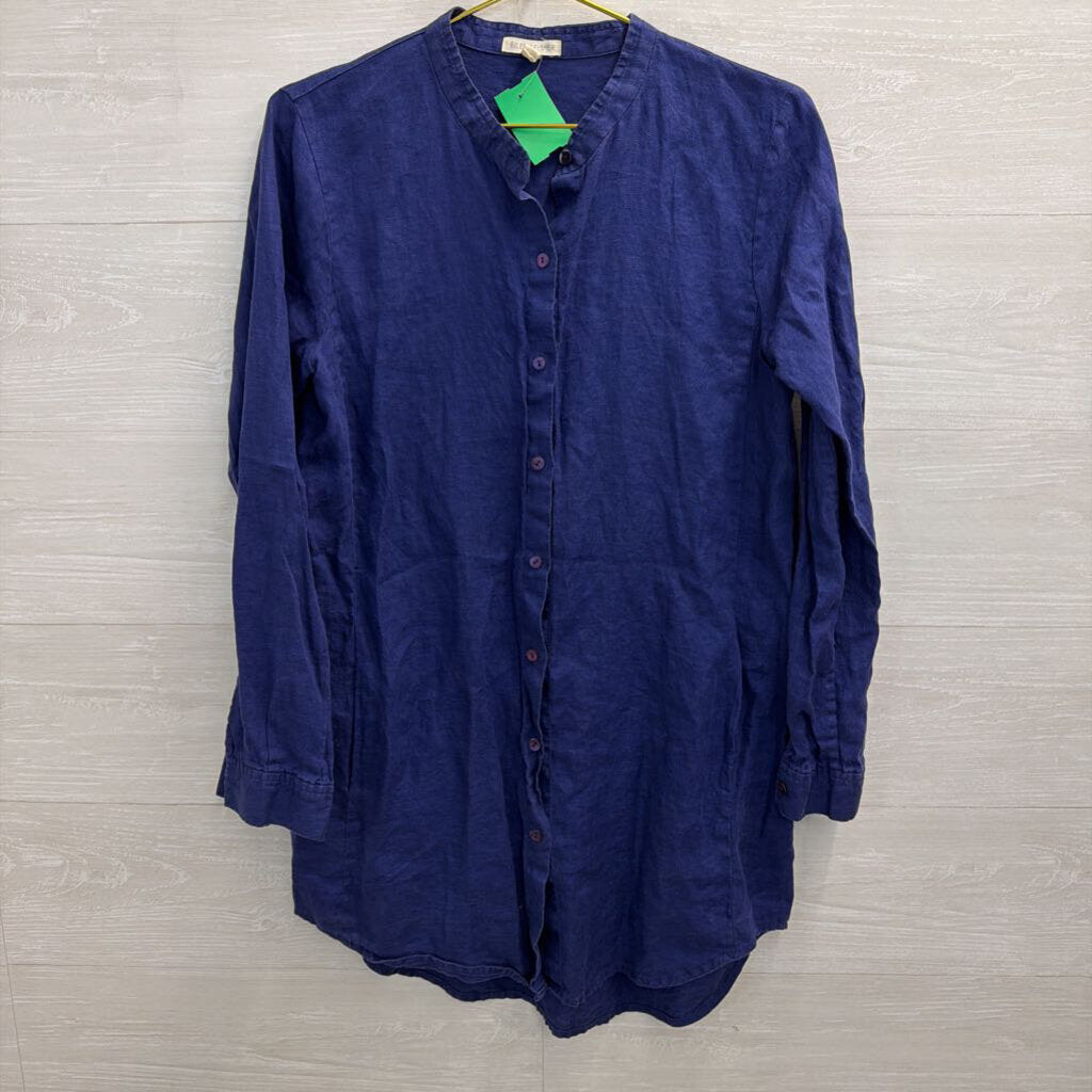 Eileen Fisher Blue 100% Linen Long Sleeve Button Front Top Small