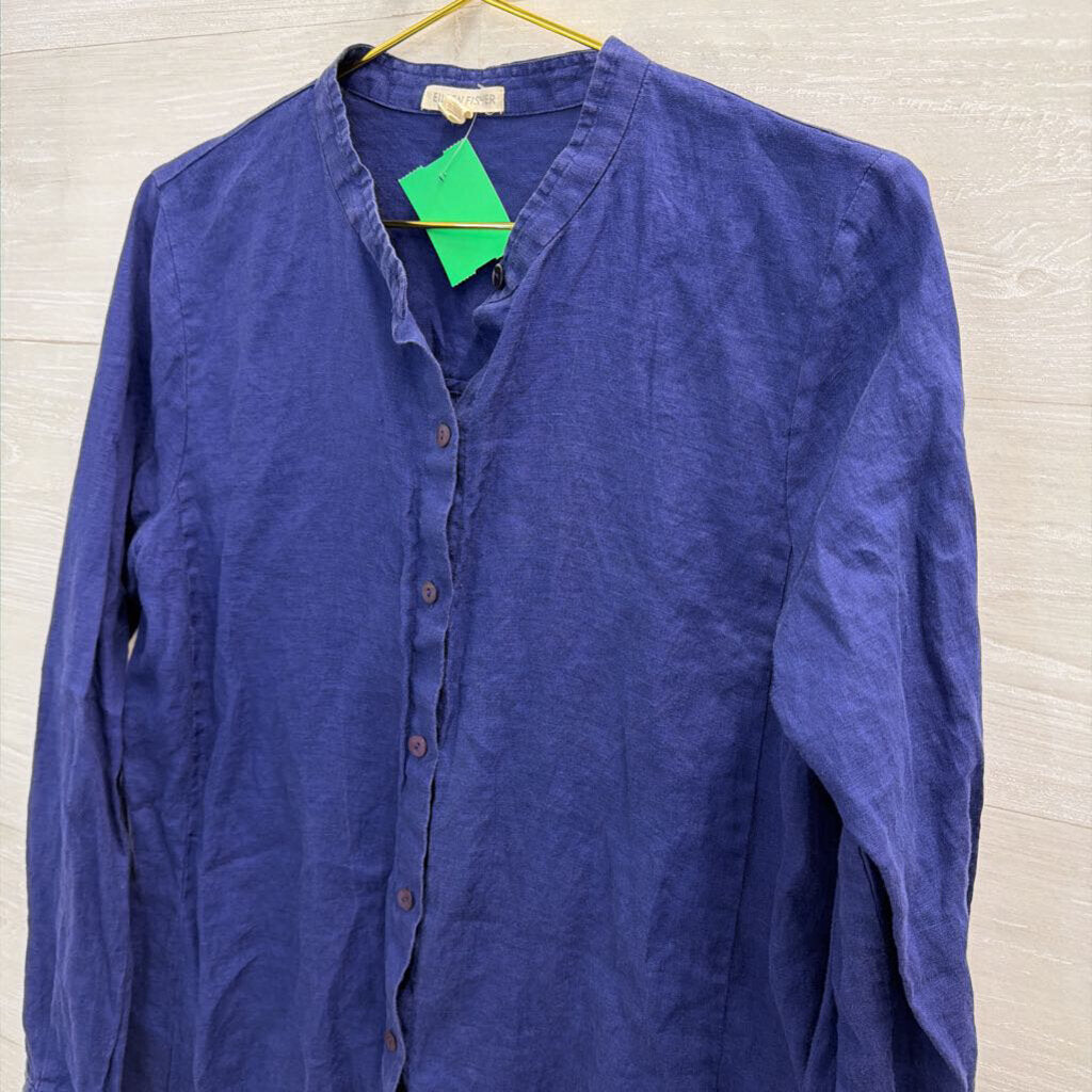 Eileen Fisher Blue 100% Linen Long Sleeve Button Front Top Small
