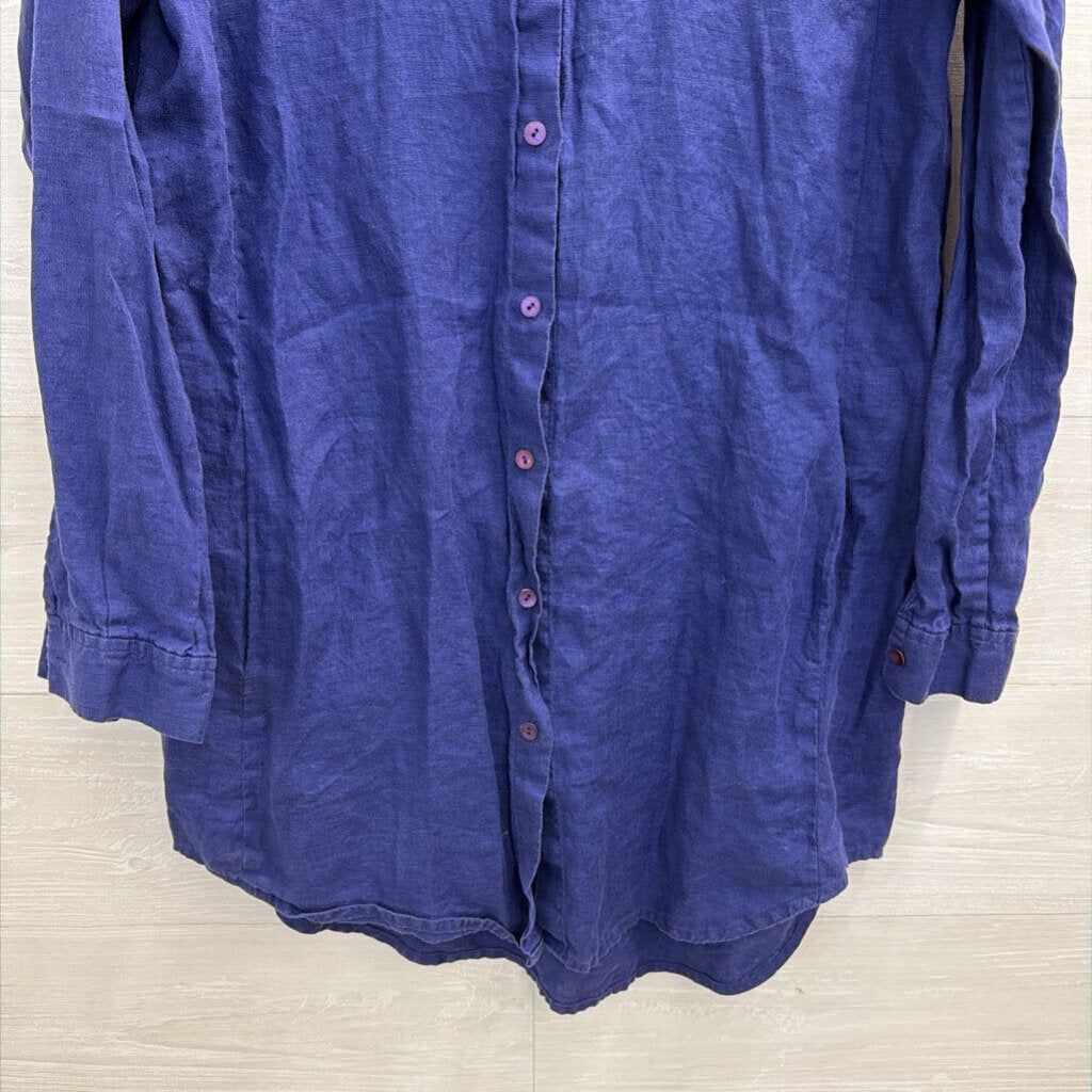 Eileen Fisher Blue 100% Linen Long Sleeve Button Front Top Small