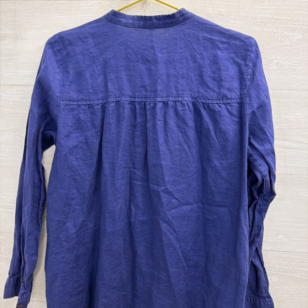Eileen Fisher Blue 100% Linen Long Sleeve Button Front Top Small