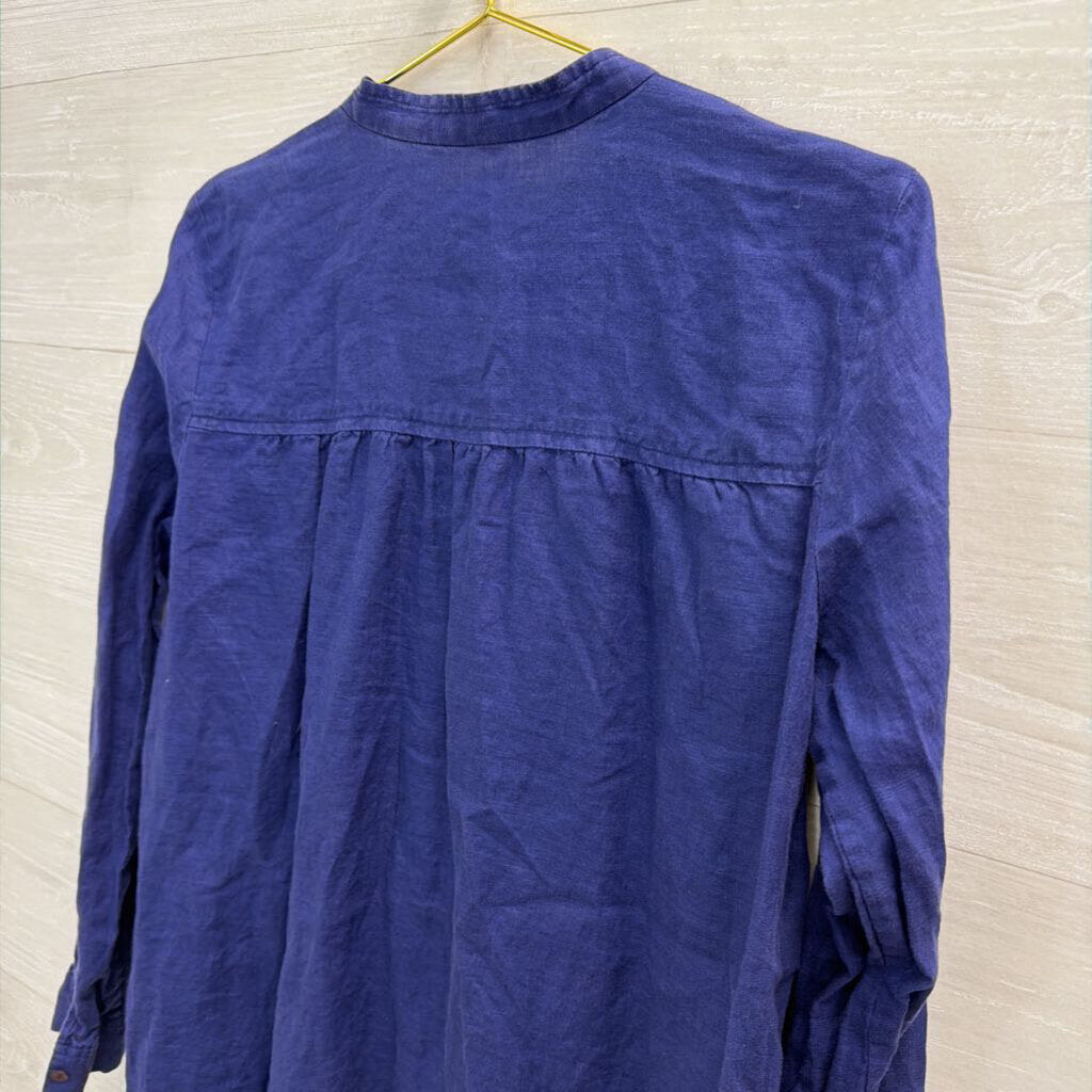 Eileen Fisher Blue 100% Linen Long Sleeve Button Front Top Small