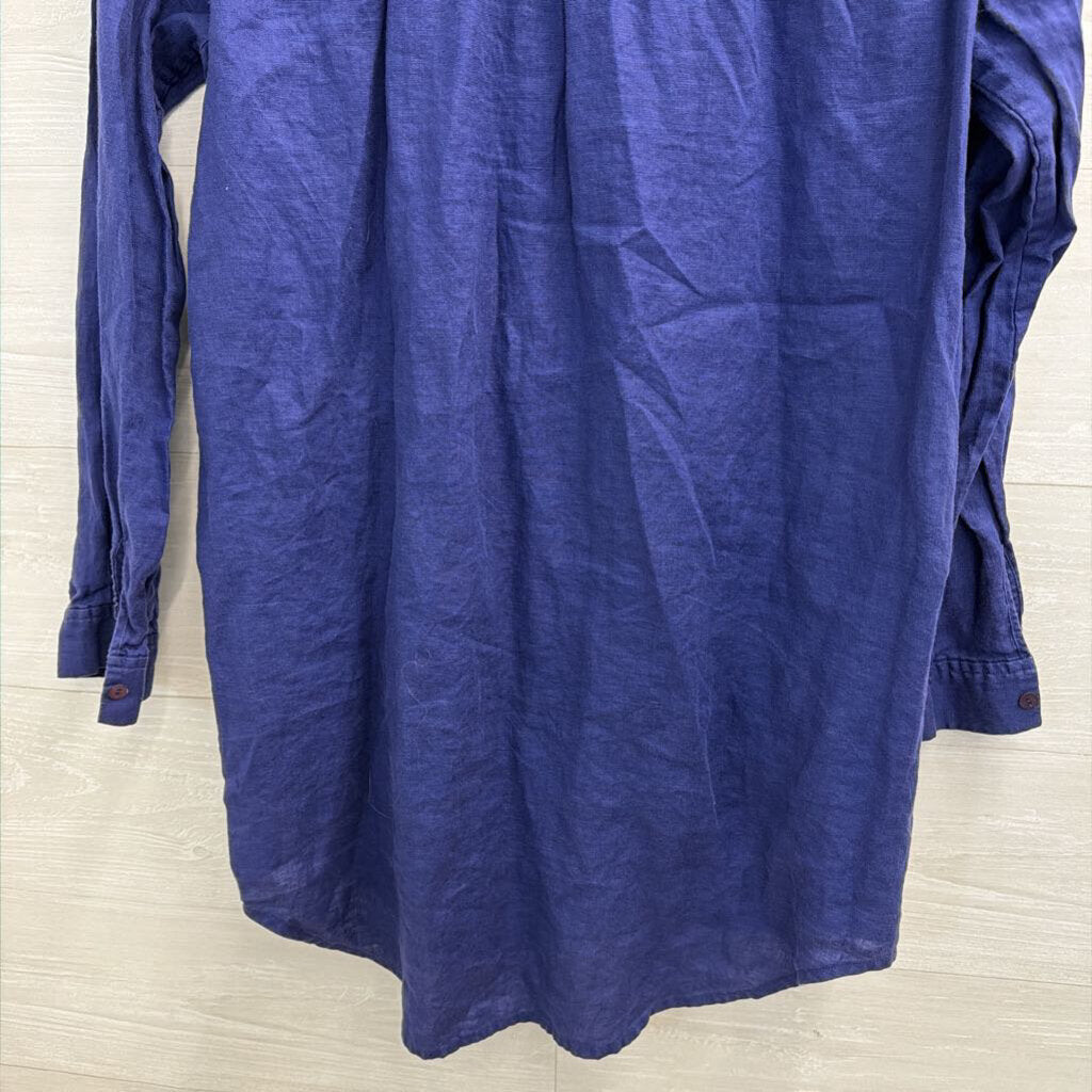Eileen Fisher Blue 100% Linen Long Sleeve Button Front Top Small