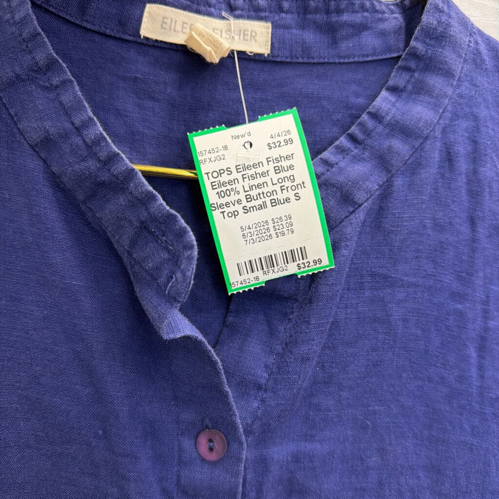 Eileen Fisher Blue 100% Linen Long Sleeve Button Front Top Small
