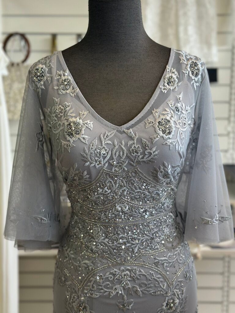 Adrianna Papell Grey Beaded Flutter Sleeve Long Formal Dress 10