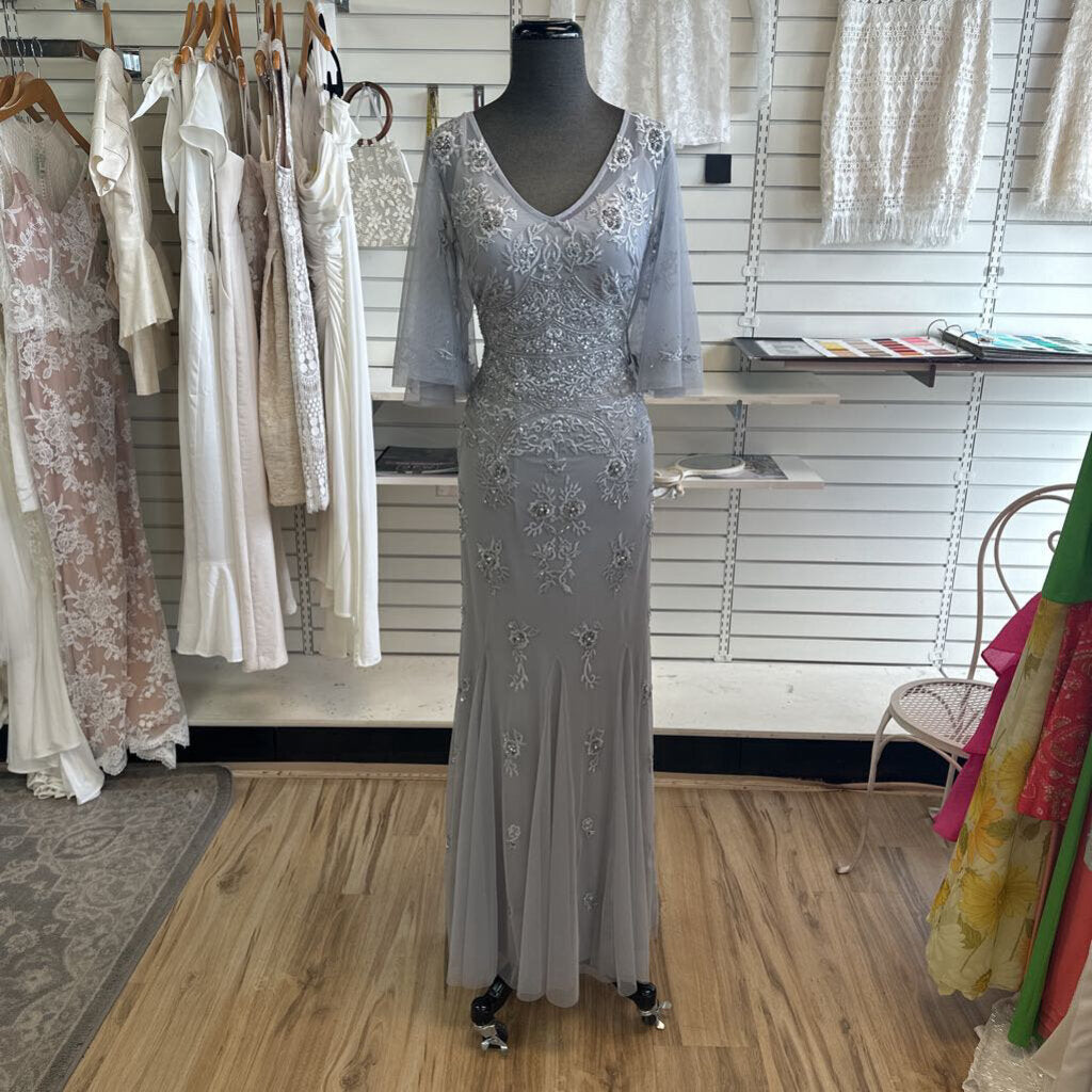 Adrianna Papell Grey Beaded Flutter Sleeve Long Formal Dress 10