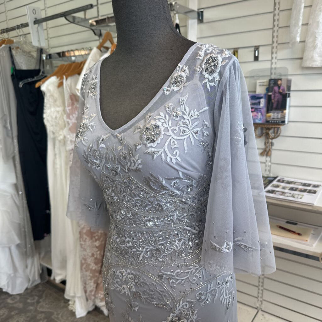 Adrianna Papell Grey Beaded Flutter Sleeve Long Formal Dress 10