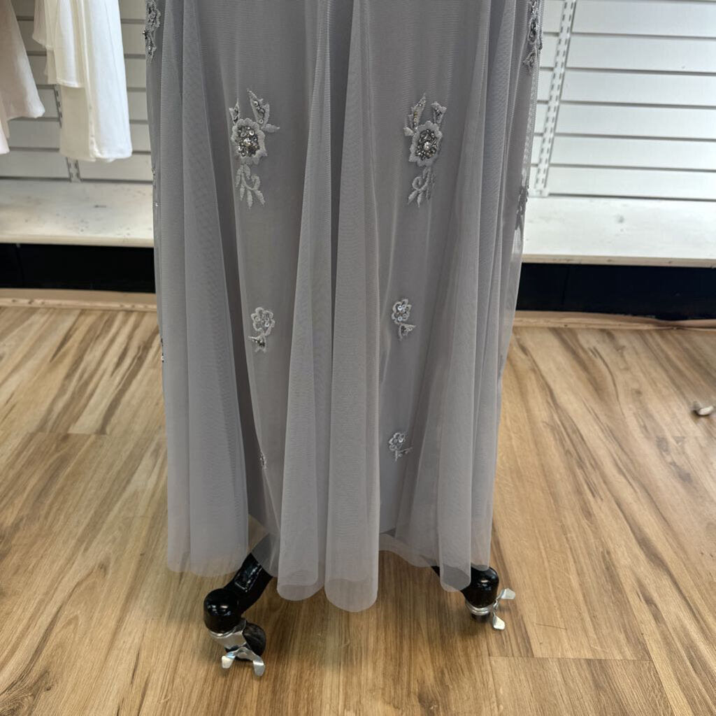 Adrianna Papell Grey Beaded Flutter Sleeve Long Formal Dress 10