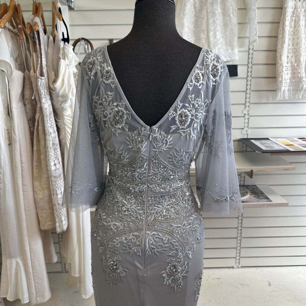 Adrianna Papell Grey Beaded Flutter Sleeve Long Formal Dress 10
