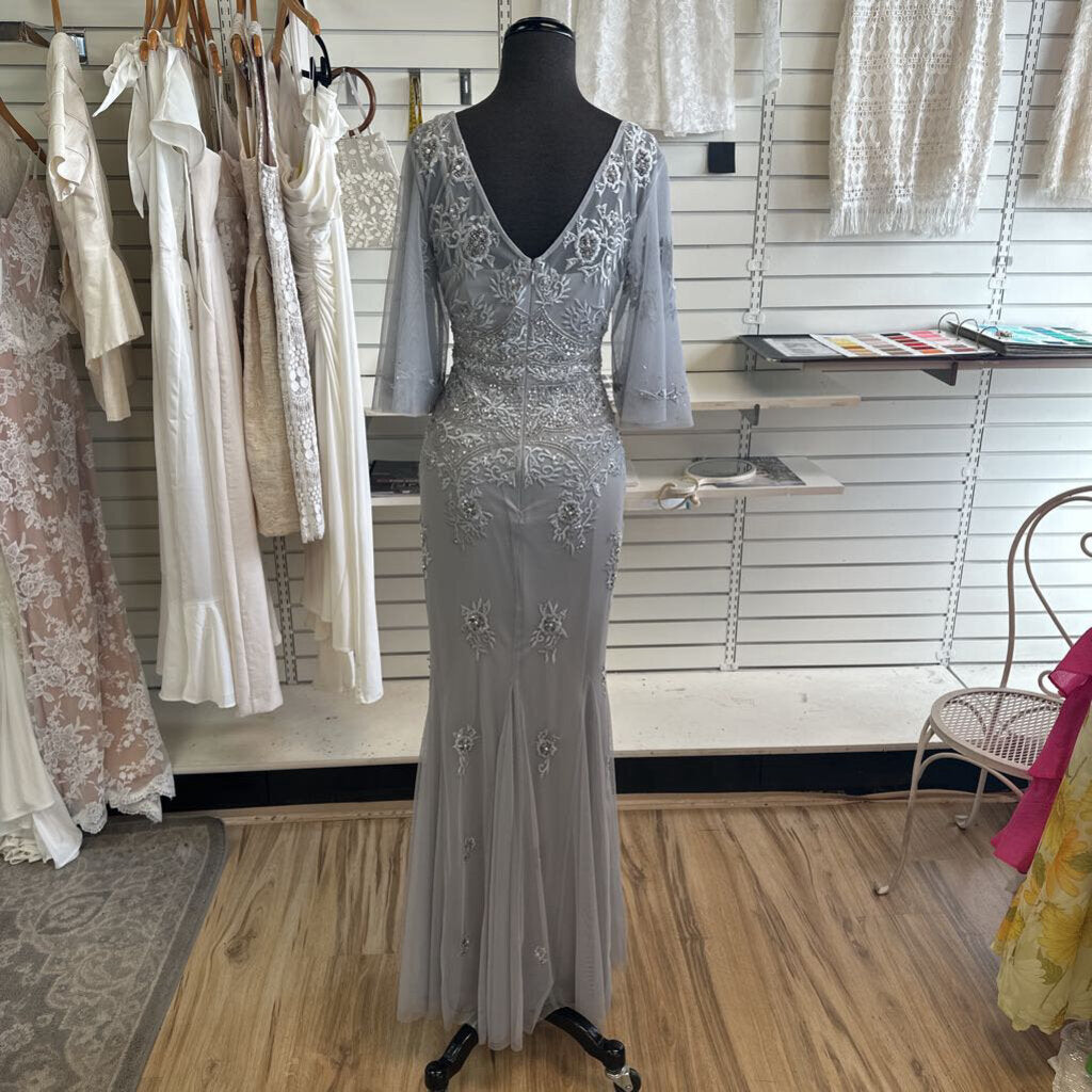 Adrianna Papell Grey Beaded Flutter Sleeve Long Formal Dress 10