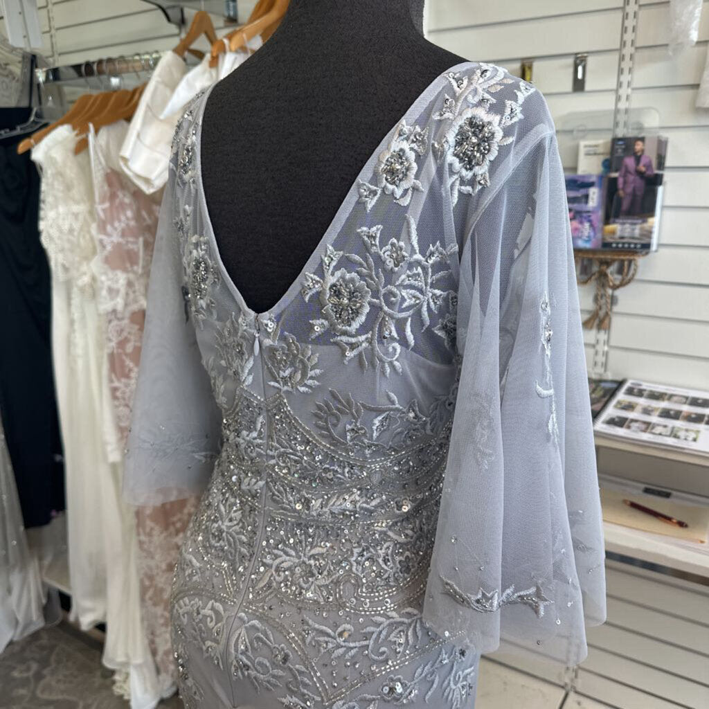 Adrianna Papell Grey Beaded Flutter Sleeve Long Formal Dress 10