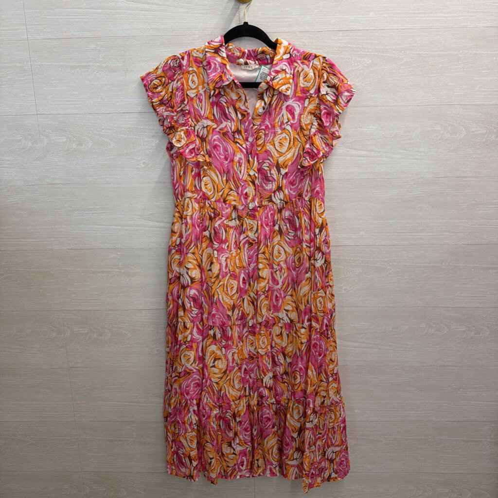 Jodifl Pink/ Orange Print Short Sleeve Midi Dress Small