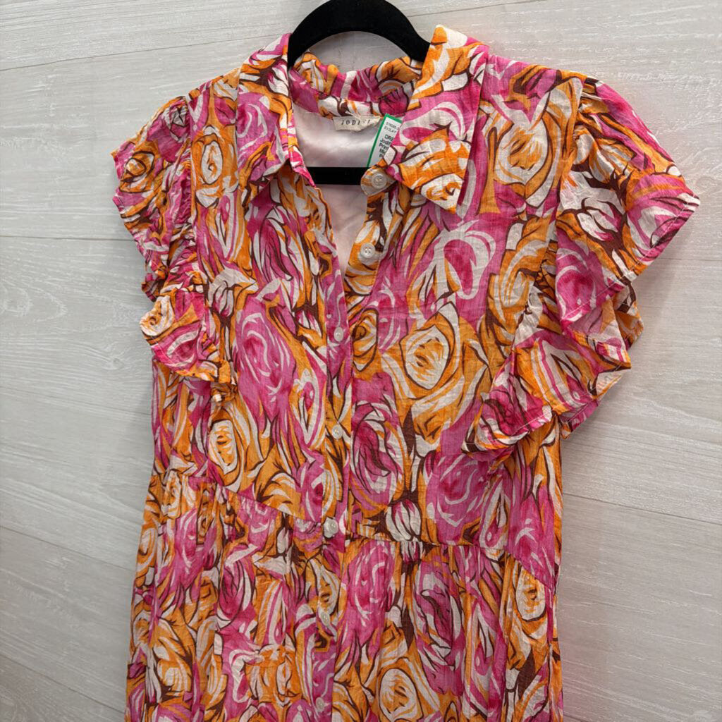 Jodifl Pink/ Orange Print Short Sleeve Midi Dress Small