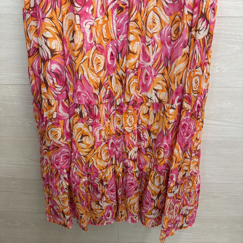 Jodifl Pink/ Orange Print Short Sleeve Midi Dress Small