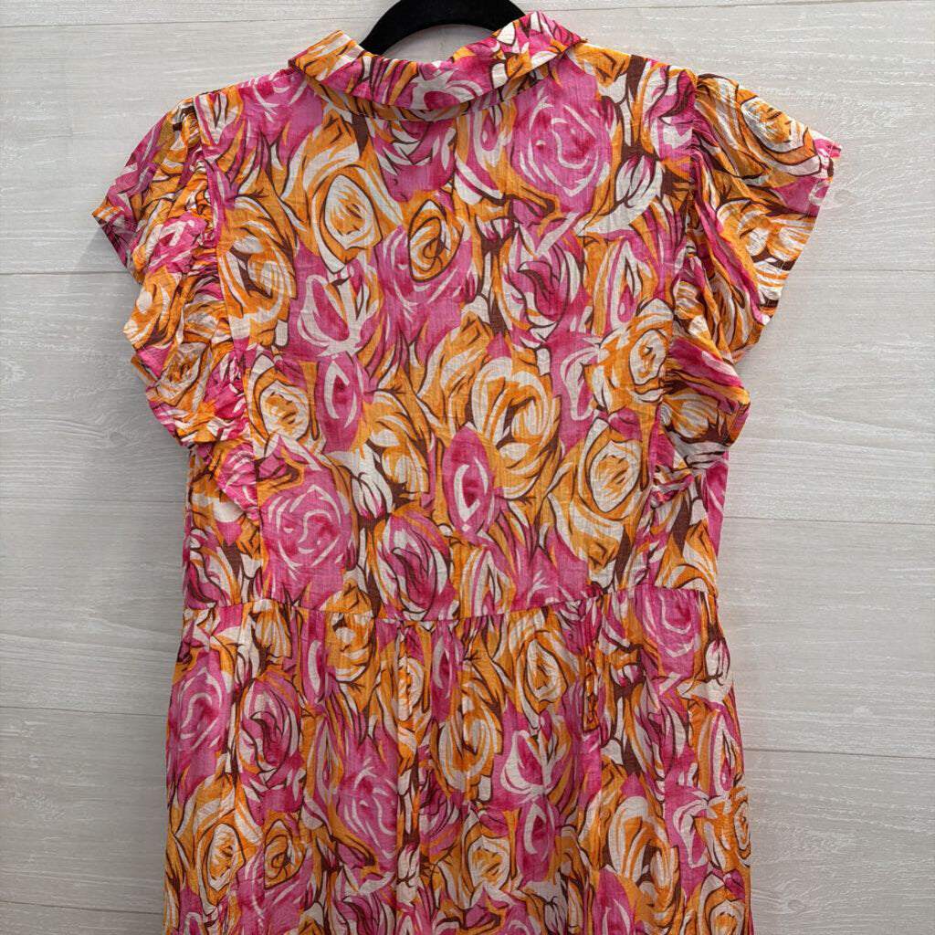 Jodifl Pink/ Orange Print Short Sleeve Midi Dress Small