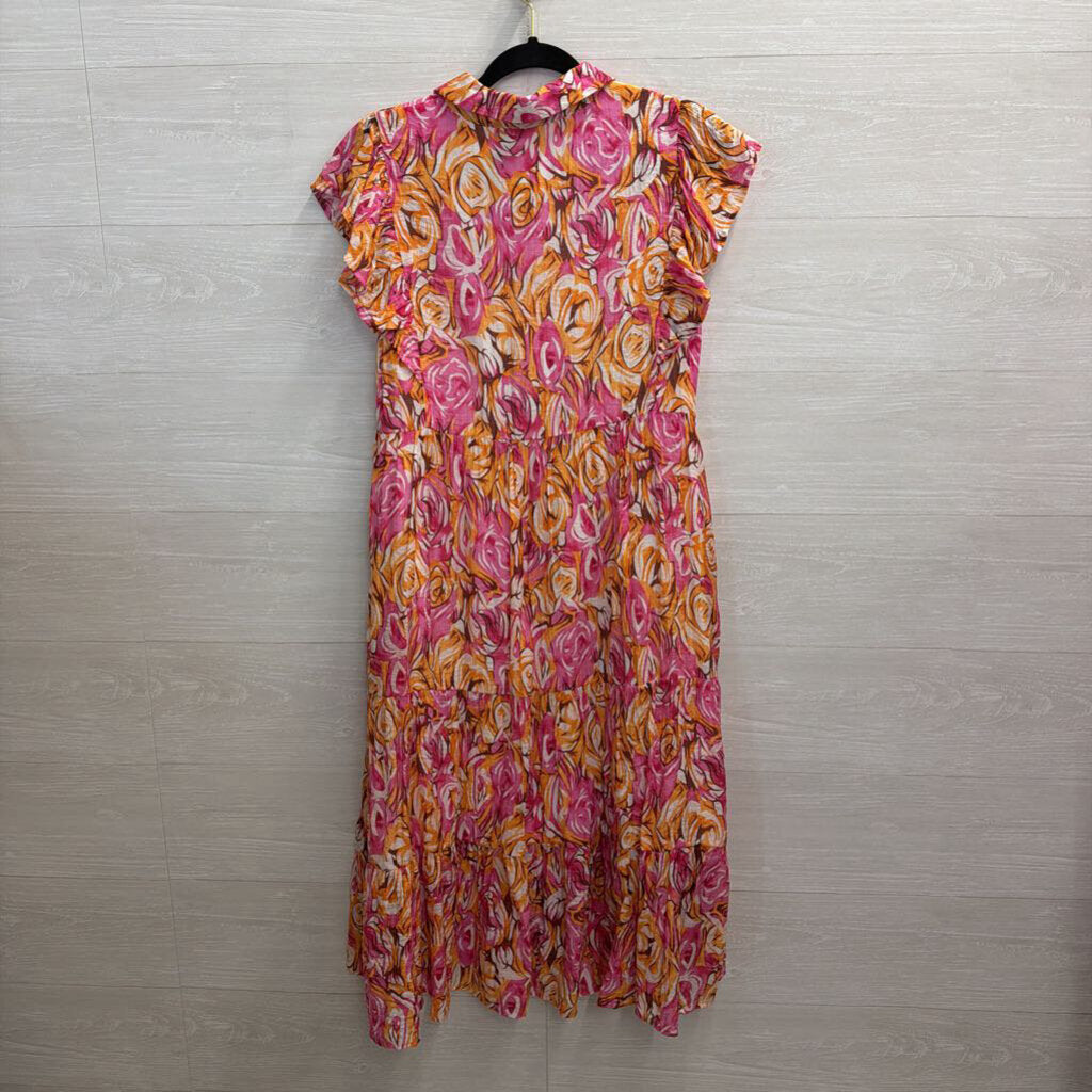 Jodifl Pink/ Orange Print Short Sleeve Midi Dress Small