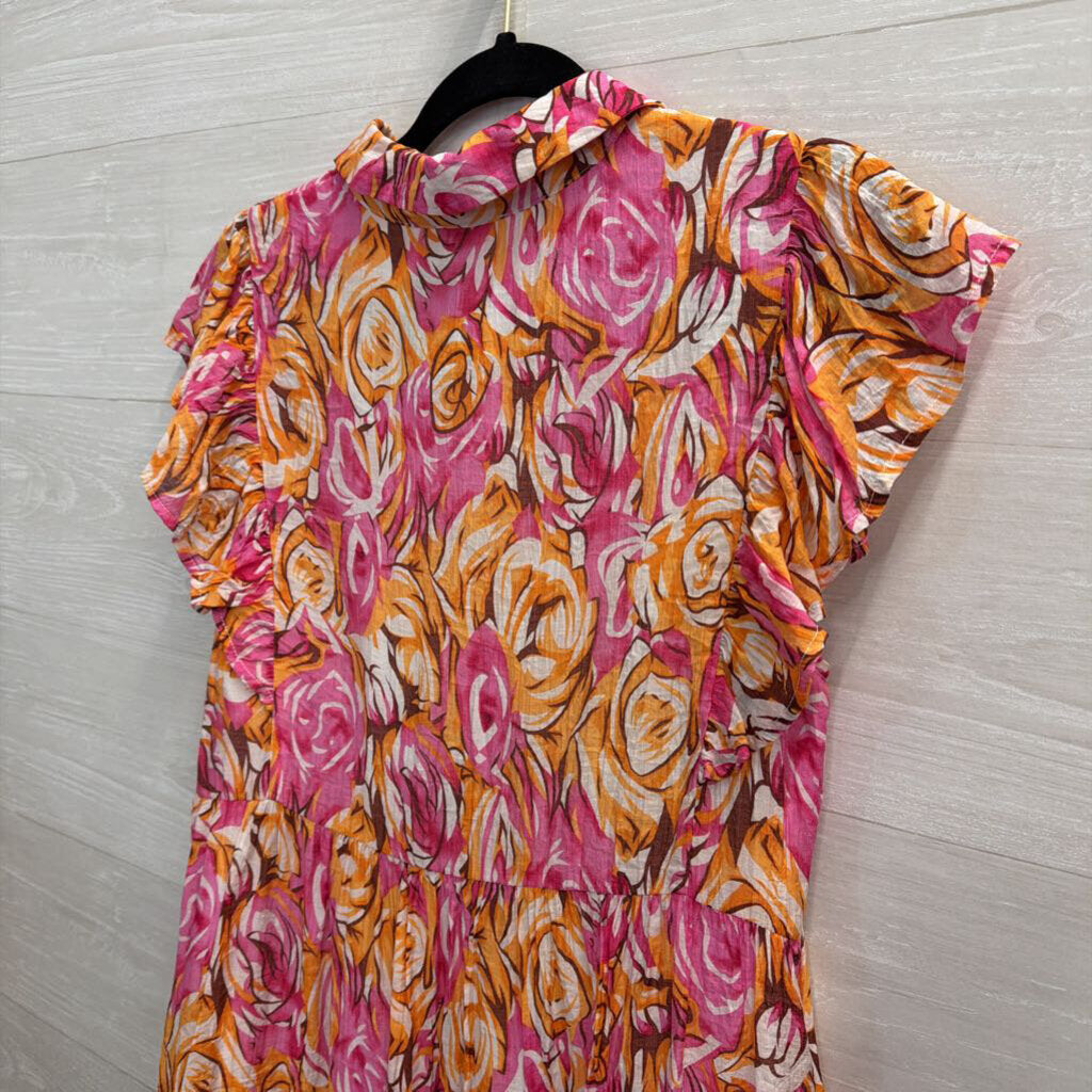 Jodifl Pink/ Orange Print Short Sleeve Midi Dress Small