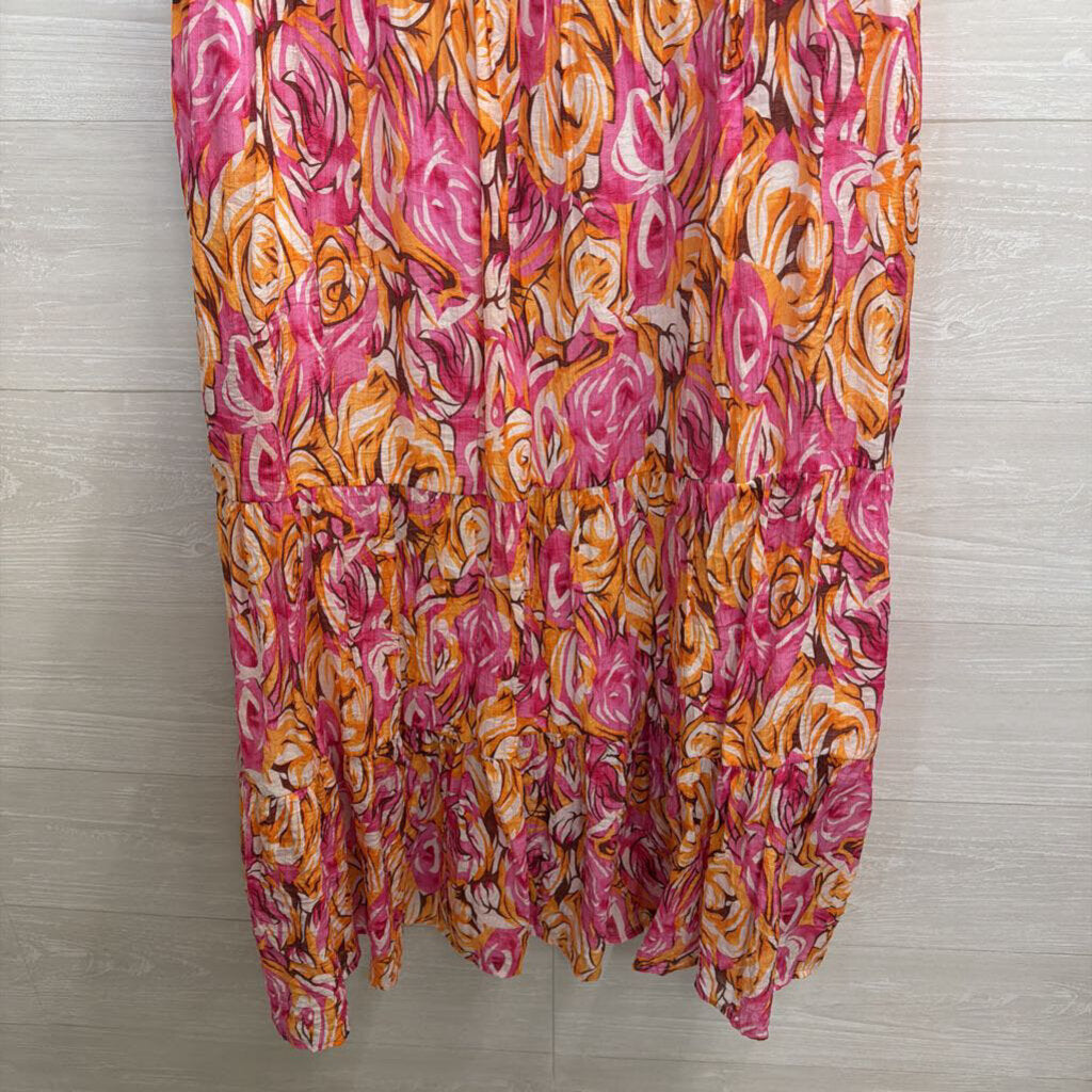 Jodifl Pink/ Orange Print Short Sleeve Midi Dress Small