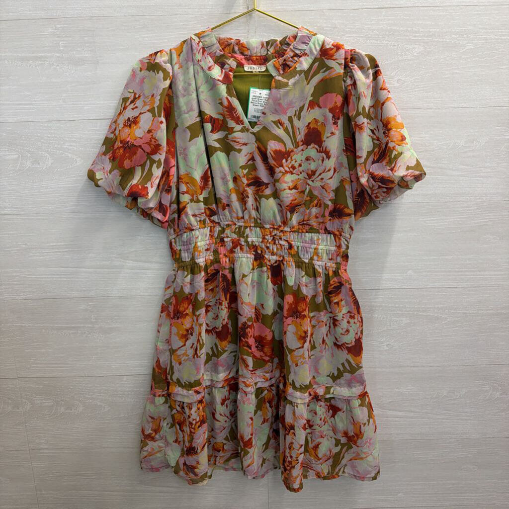 Jodifl Green/ Multi Floral Print Short Sleeve Dress Small