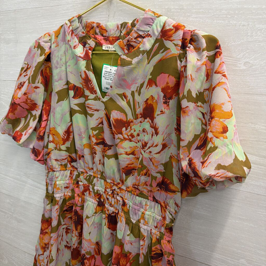 Jodifl Green/ Multi Floral Print Short Sleeve Dress Small