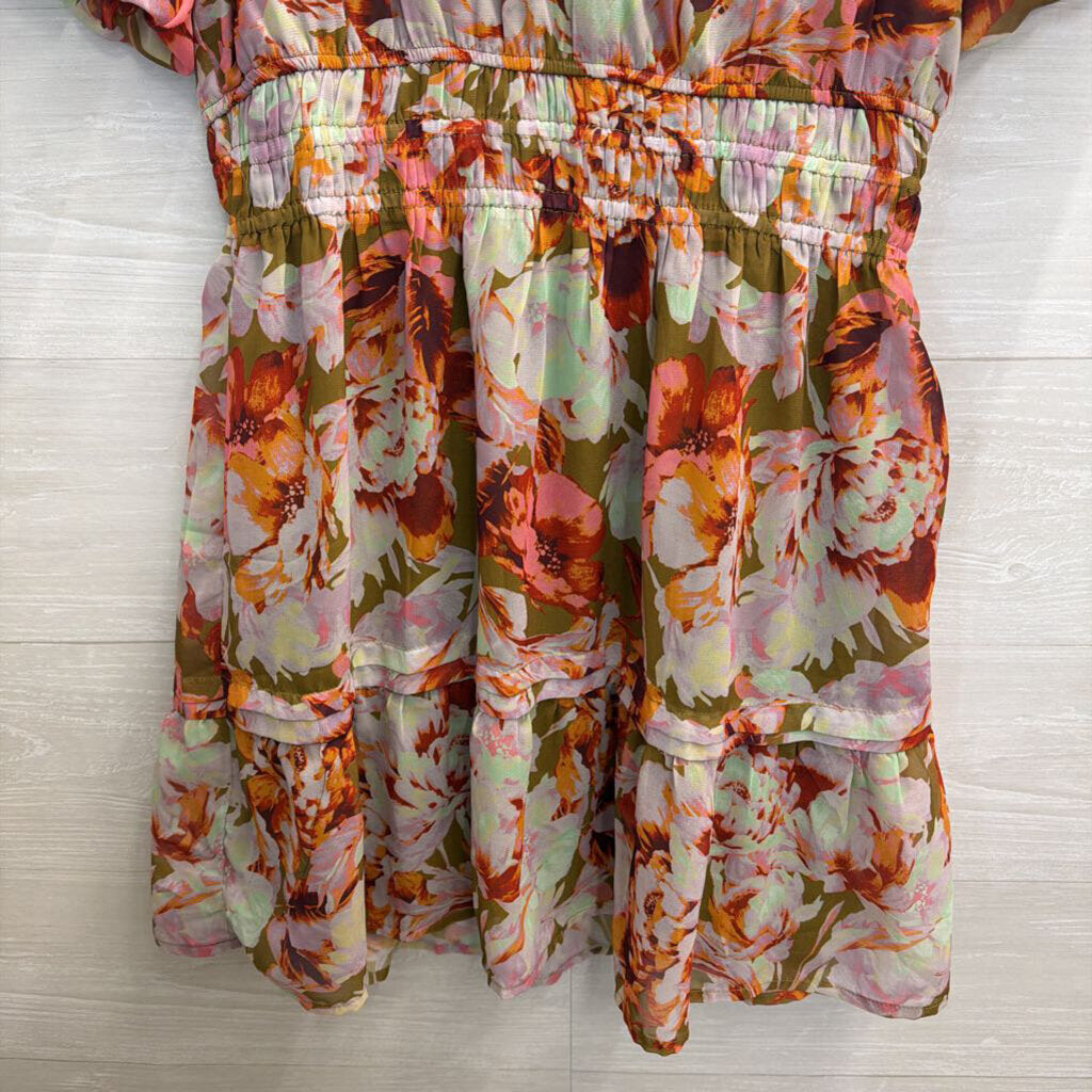 Jodifl Green/ Multi Floral Print Short Sleeve Dress Small