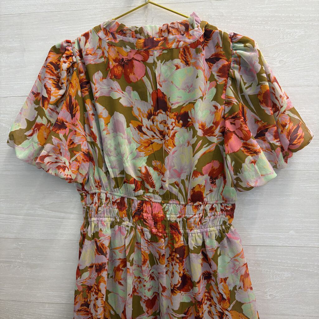 Jodifl Green/ Multi Floral Print Short Sleeve Dress Small