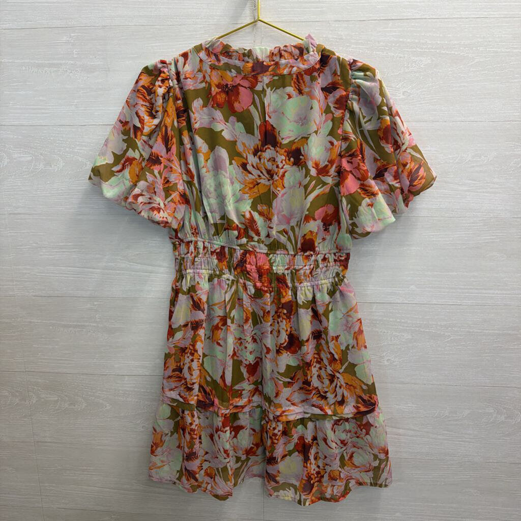Jodifl Green/ Multi Floral Print Short Sleeve Dress Small