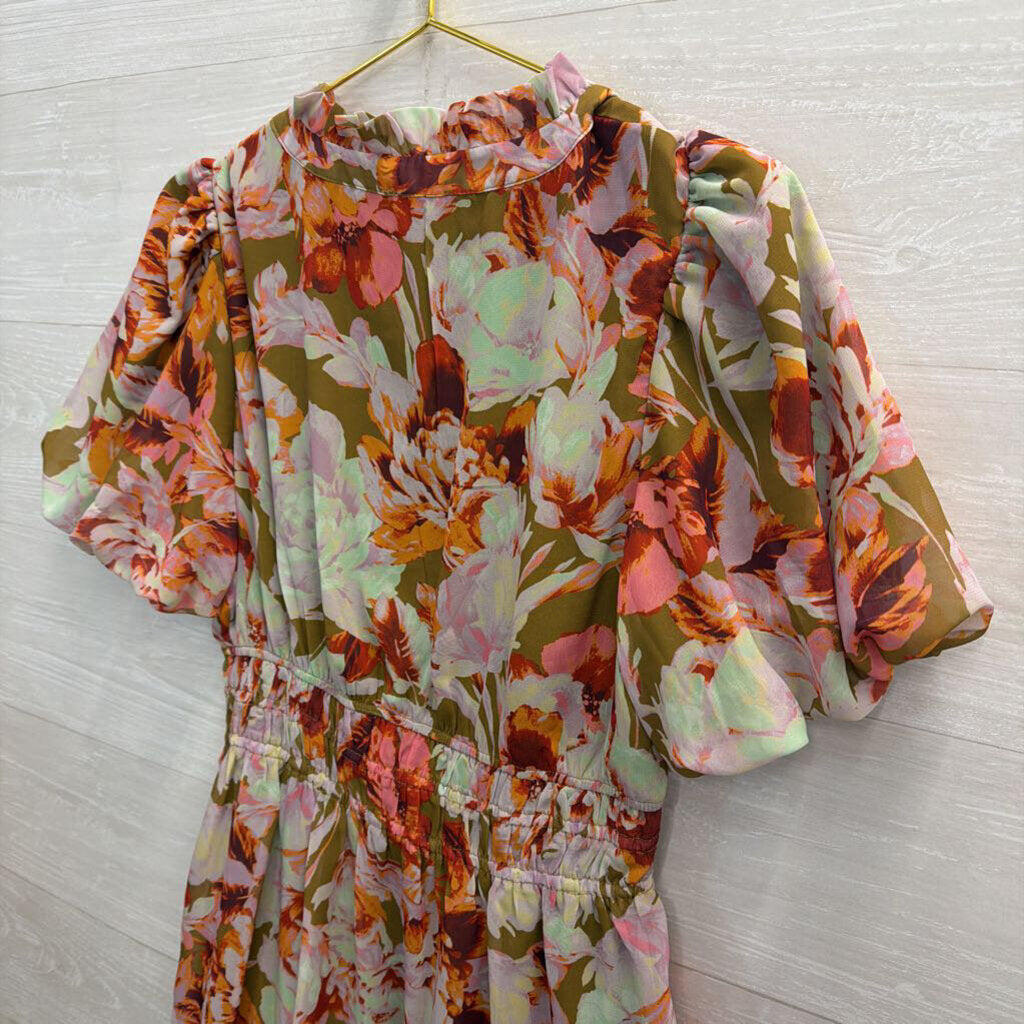 Jodifl Green/ Multi Floral Print Short Sleeve Dress Small