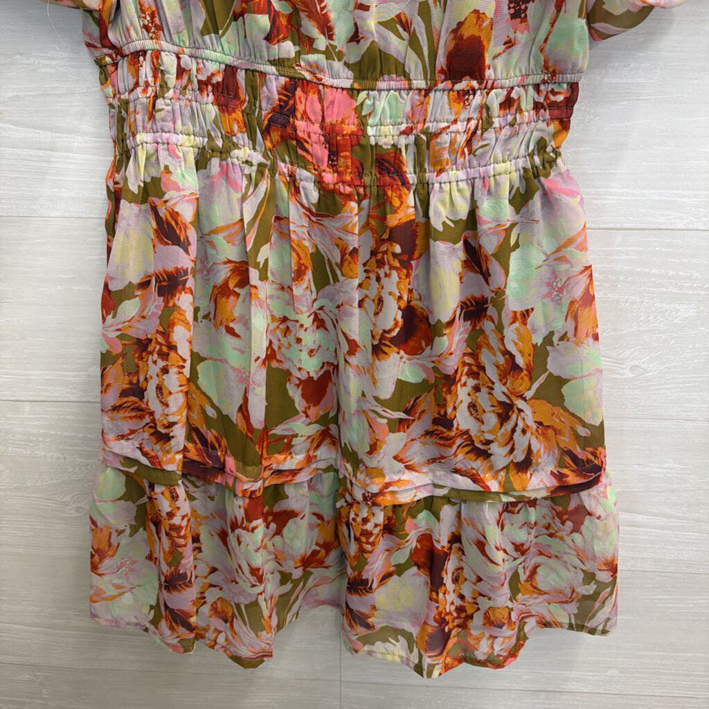 Jodifl Green/ Multi Floral Print Short Sleeve Dress Small