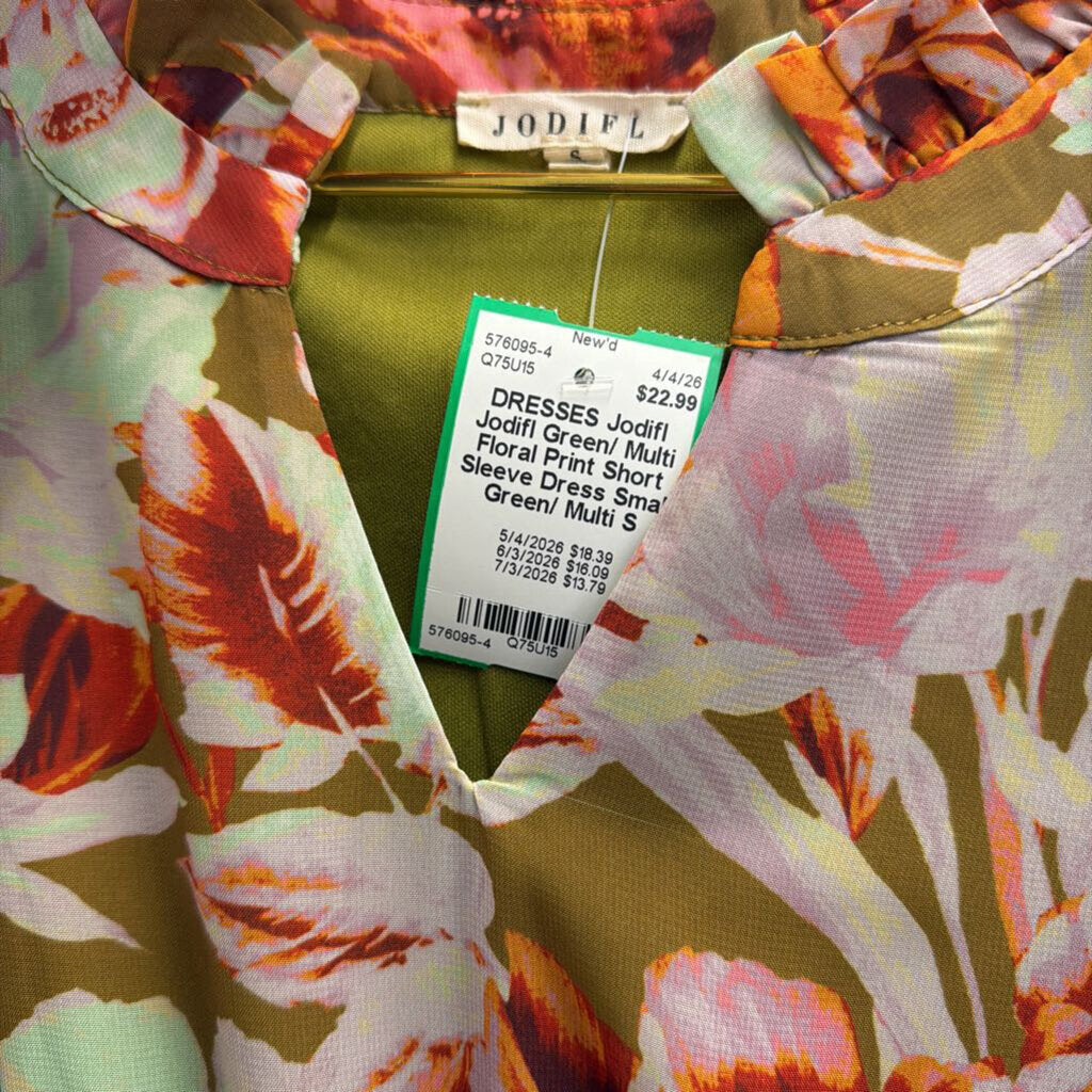 Jodifl Green/ Multi Floral Print Short Sleeve Dress Small