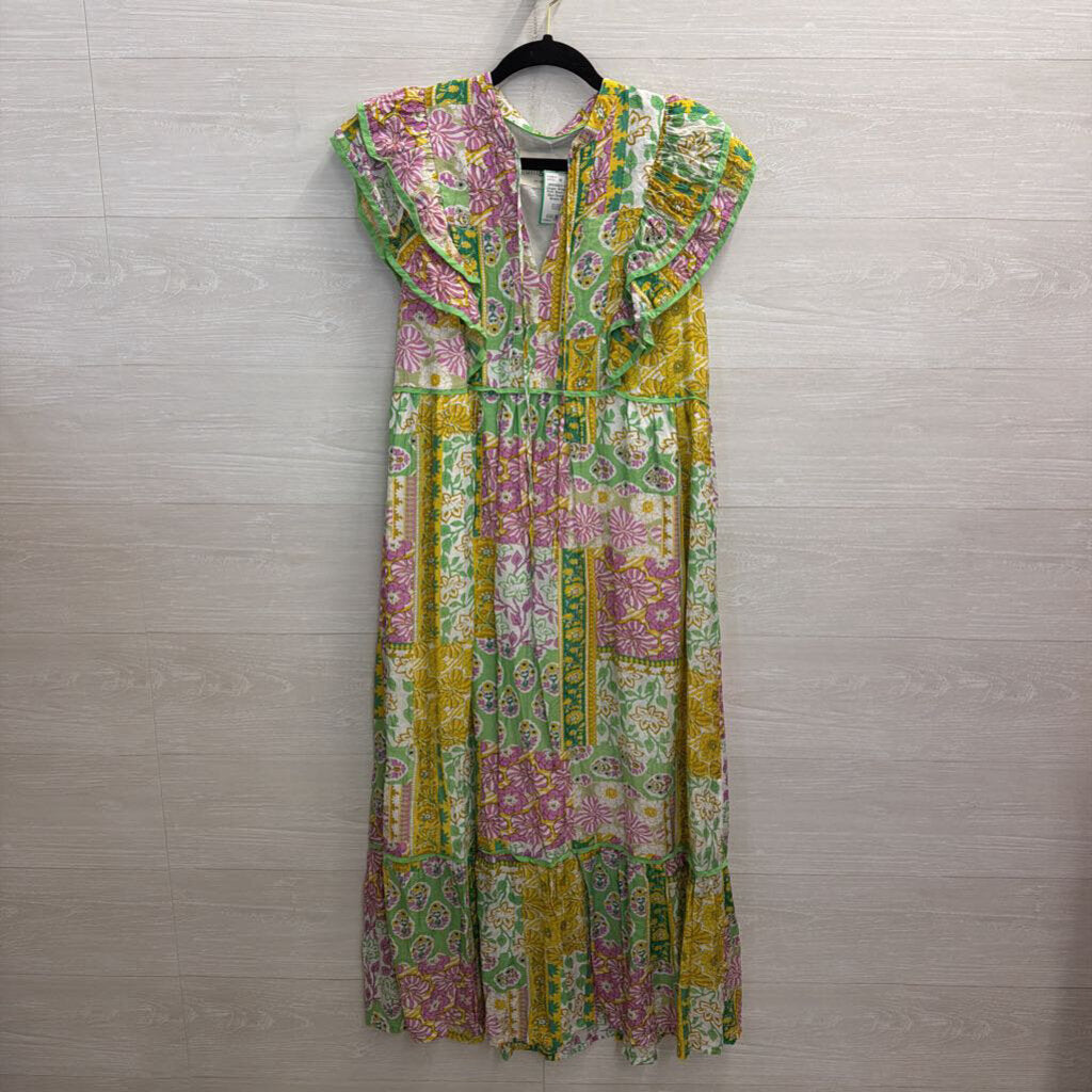 Umgee Green/ Multi Print Short Sleeve Maxi Dress Small