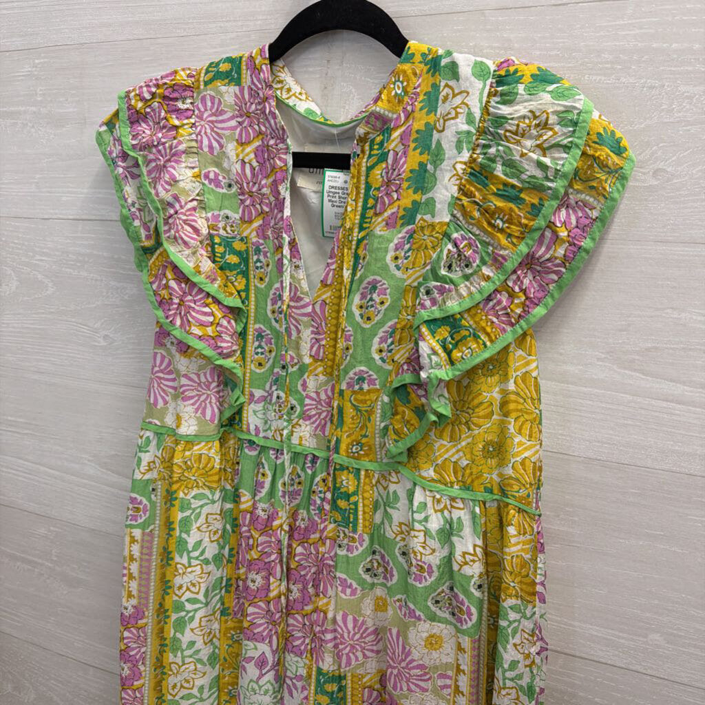 Umgee Green/ Multi Print Short Sleeve Maxi Dress Small