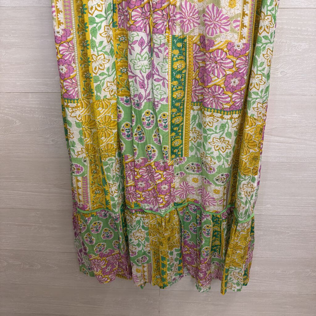 Umgee Green/ Multi Print Short Sleeve Maxi Dress Small
