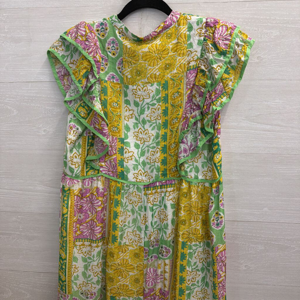 Umgee Green/ Multi Print Short Sleeve Maxi Dress Small