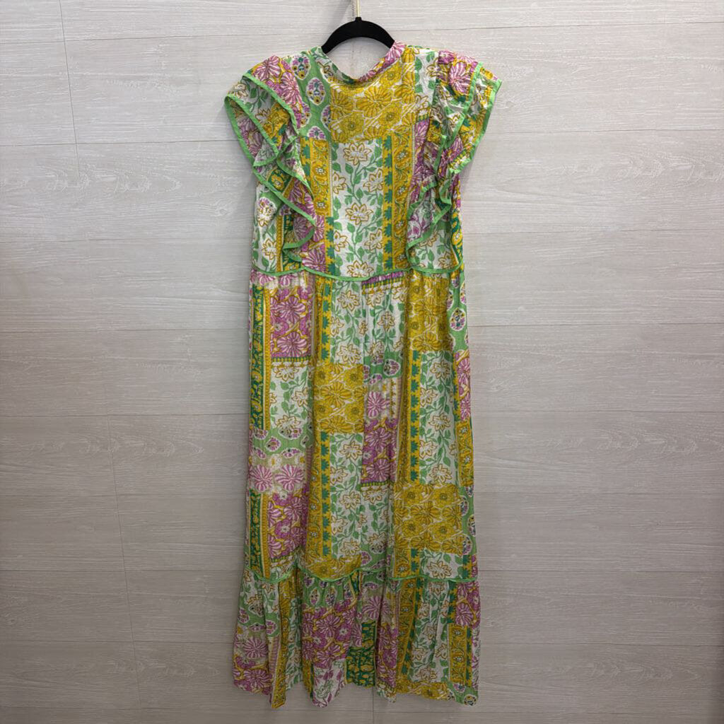 Umgee Green/ Multi Print Short Sleeve Maxi Dress Small