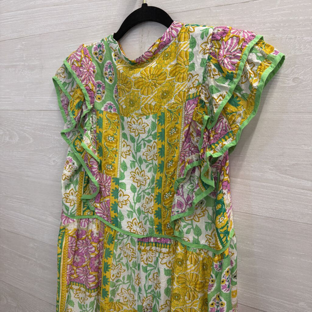 Umgee Green/ Multi Print Short Sleeve Maxi Dress Small