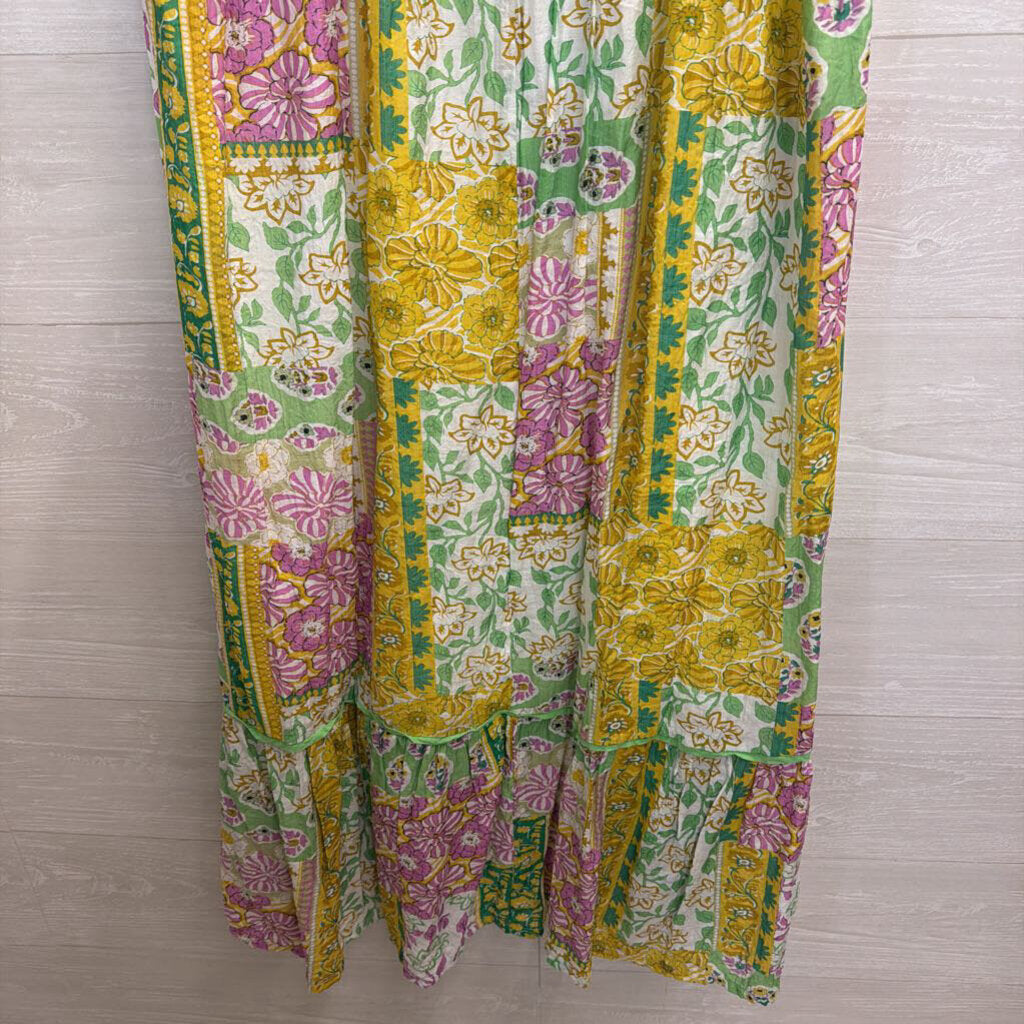 Umgee Green/ Multi Print Short Sleeve Maxi Dress Small