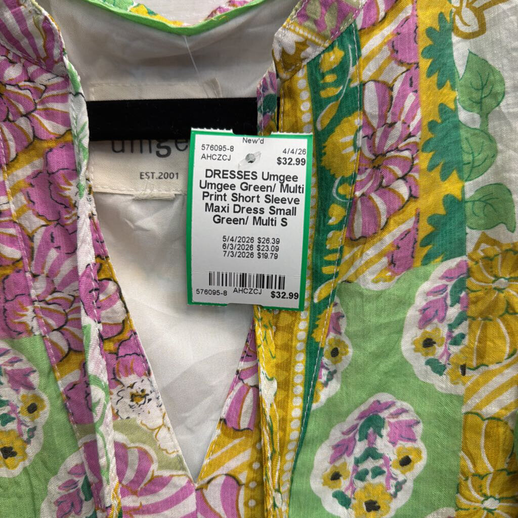 Umgee Green/ Multi Print Short Sleeve Maxi Dress Small