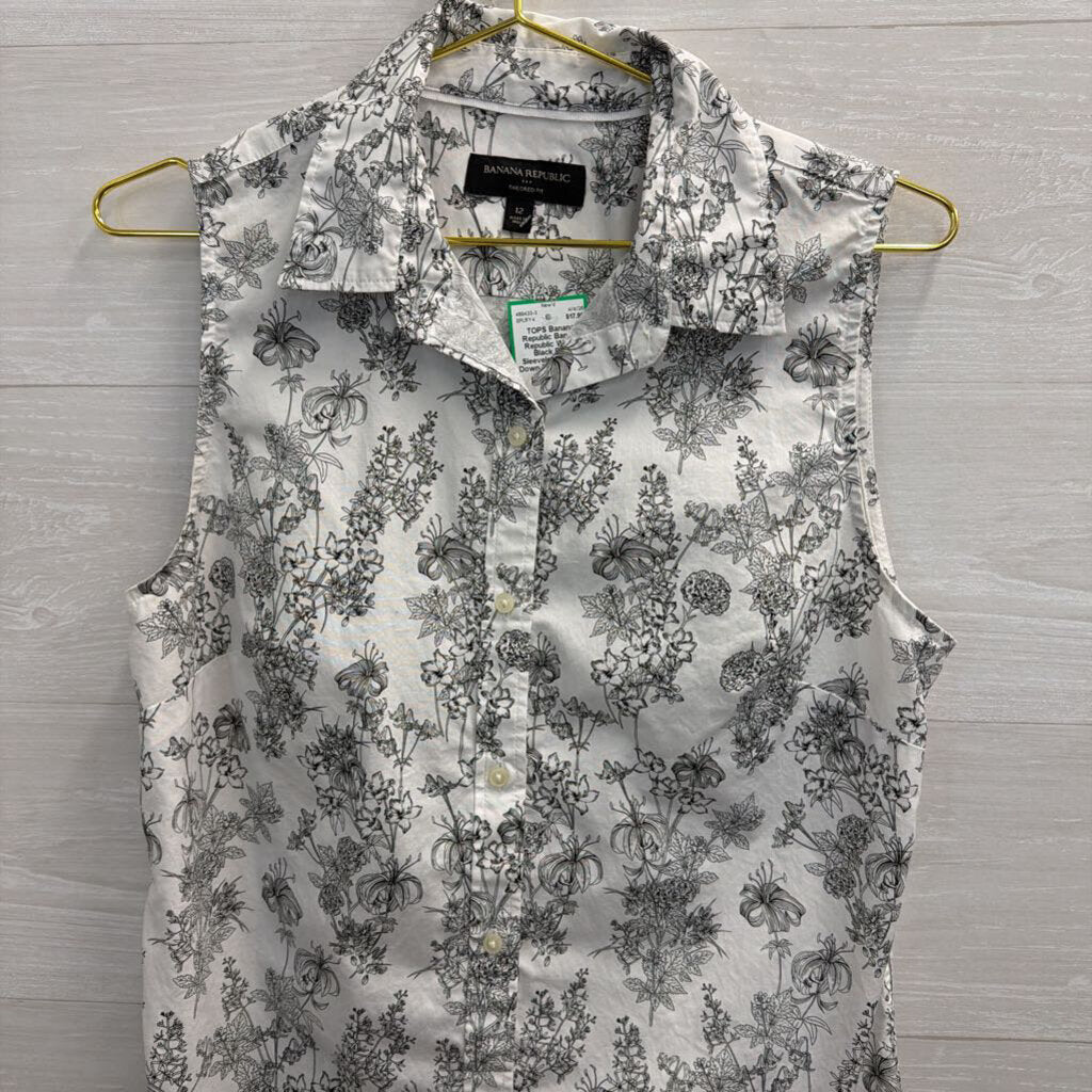 Banana Republic White/ Black Print Sleeveless Button Down Top 12