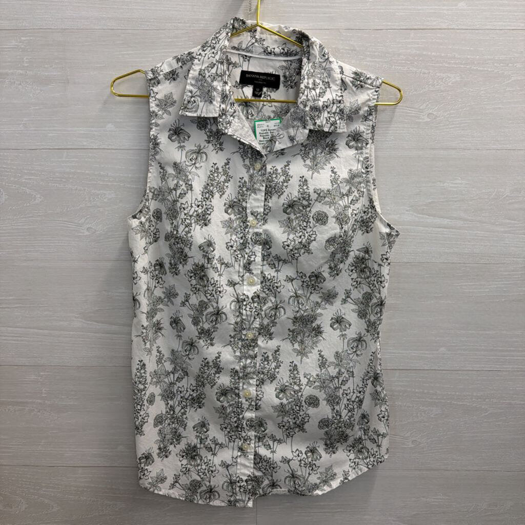 Banana Republic White/ Black Print Sleeveless Button Down Top 12