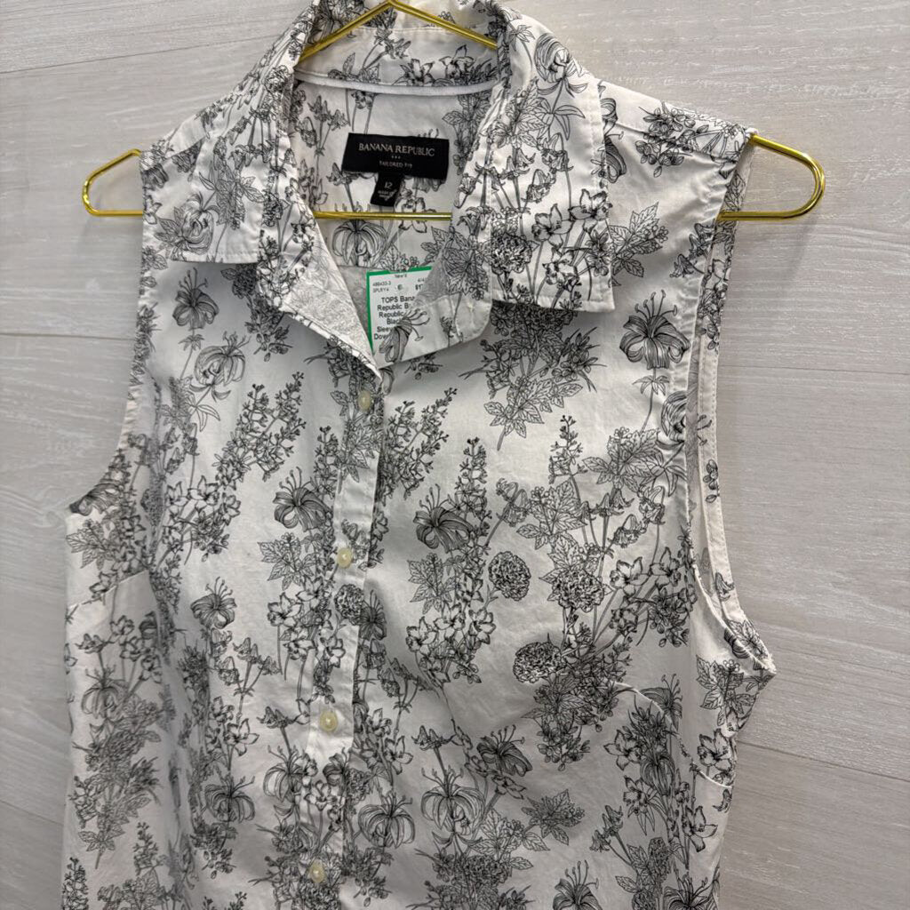 Banana Republic White/ Black Print Sleeveless Button Down Top 12