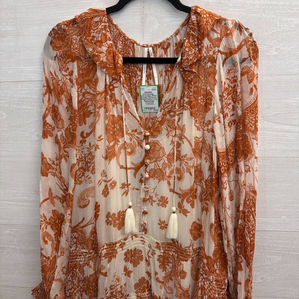 Anthropologie White/ Orange The Marais Printed Chiffon Long Sleeve Dress Medium